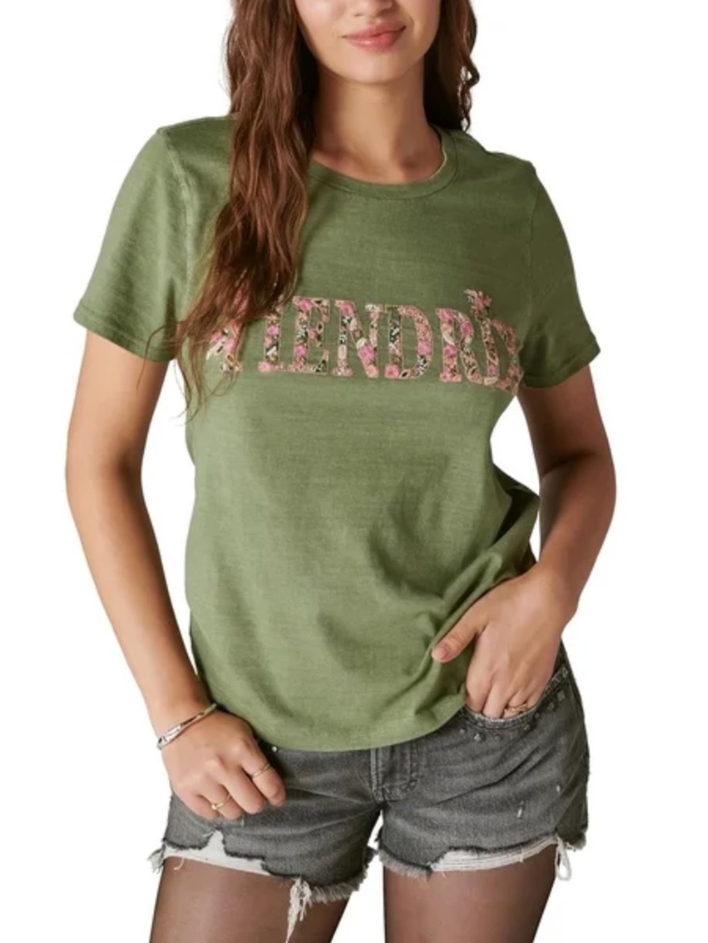 Lucky Brand Olive Green Floral 'Hendrix' Logo Tee with Adorable Embroidery